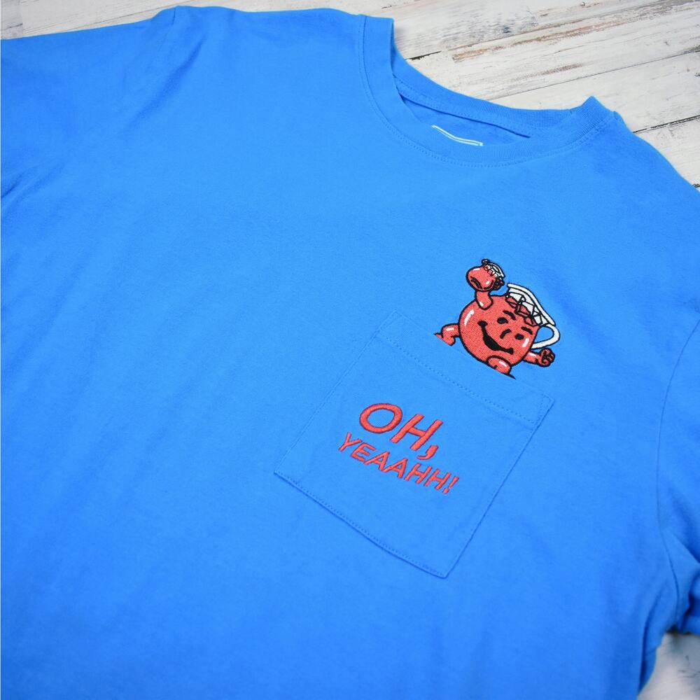 Kool Aid T-shirt Men's Large Blue Graphic Pocket Tee Embroidered Tailgate Y2K